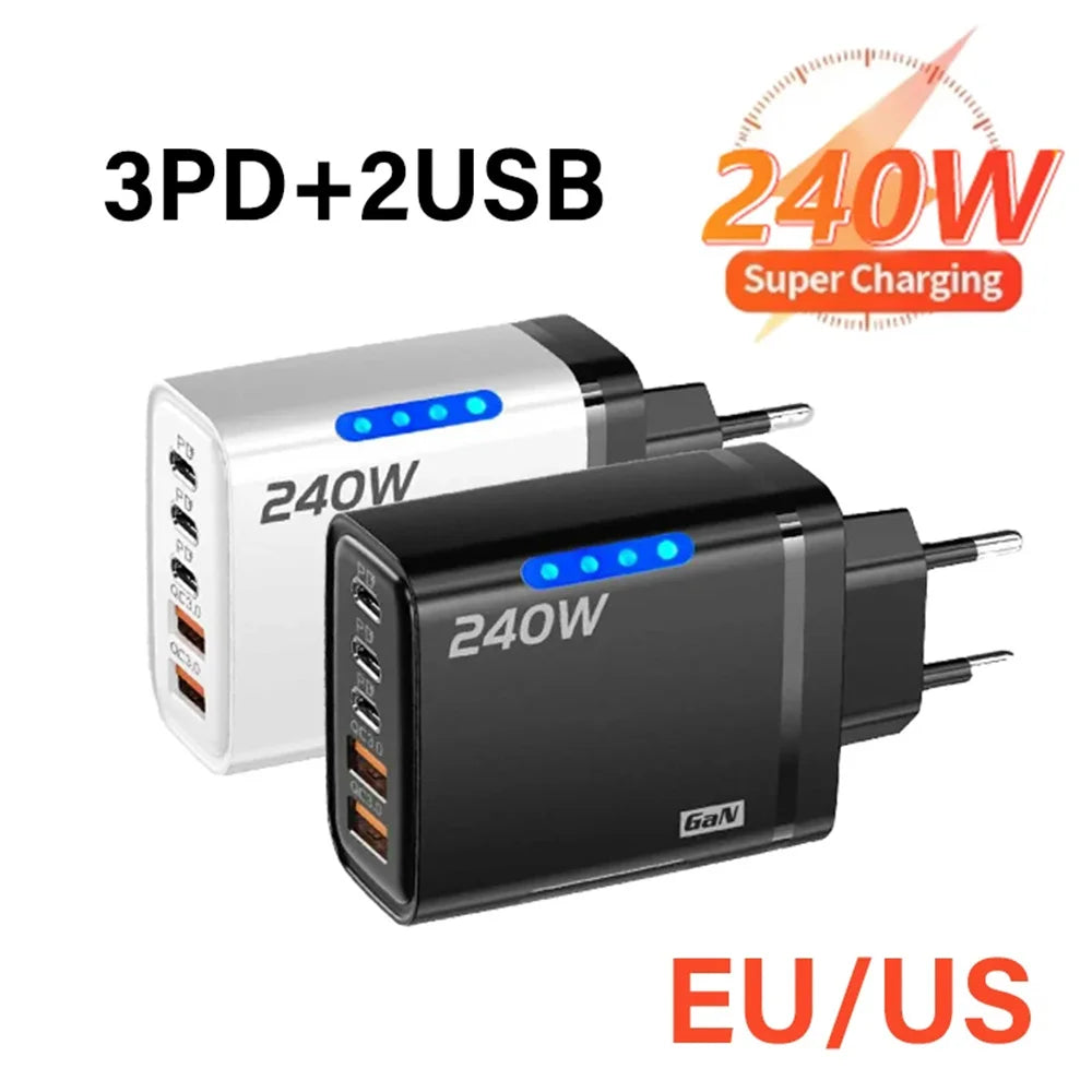 240W 5-in-1 GaN Phone Charger, 10A Fast Charging Adapter, USB to Type-C Cable, 3 PD Ports, 2 USB Ports, for iPhone 16 15 Pro, Xiaomi