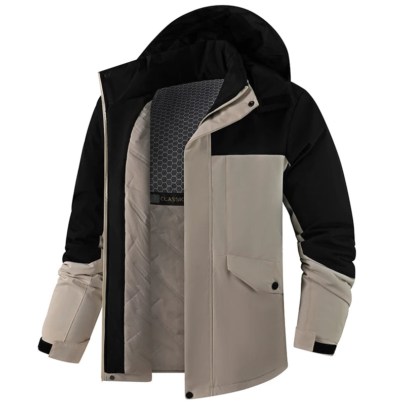 Men's thick waterproof winter jacket, windproof, detachable hood, multi-pockets, work windbreaker, Safari