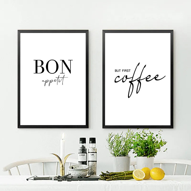 Decoración artística de pared de cocina, pero el primer cartel de café, estampado de "Bon Appétit", pintura en lienzo de arte mural en blanco y negro para comedor, decoración del hogar
