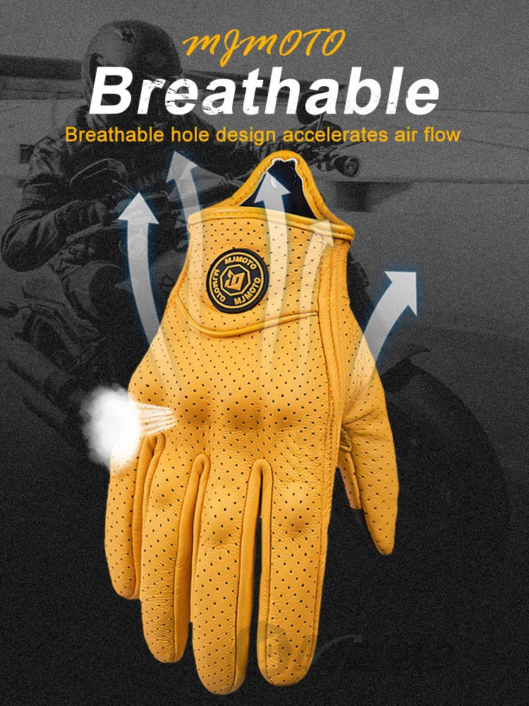 Gants de Moto Rétro en Cuir Jaune pour Homme et Femme, Accessoire Perforé et Respirant pour Course de Vélo, Écran Tactile, Motocross