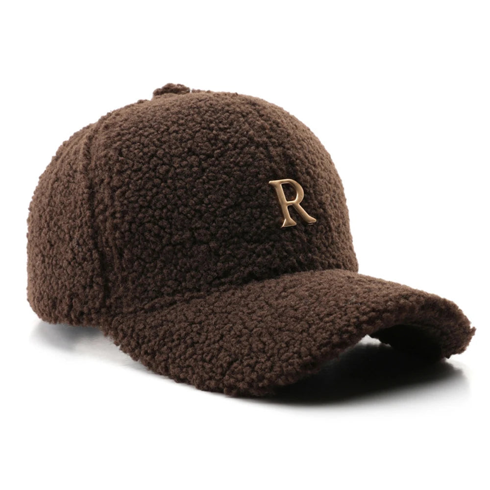 Casquette de baseball en laine d'agneau verte — lettres dorées, trucker, hiver, femme et homme