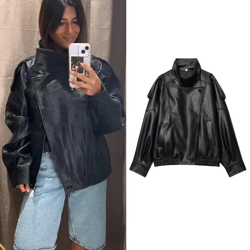 TFMLN – Chaquetas de piel sintética negra elegantes para mujer, abrigos elásticos extragrandes de manga larga con botones, moda otoño invierno 2025