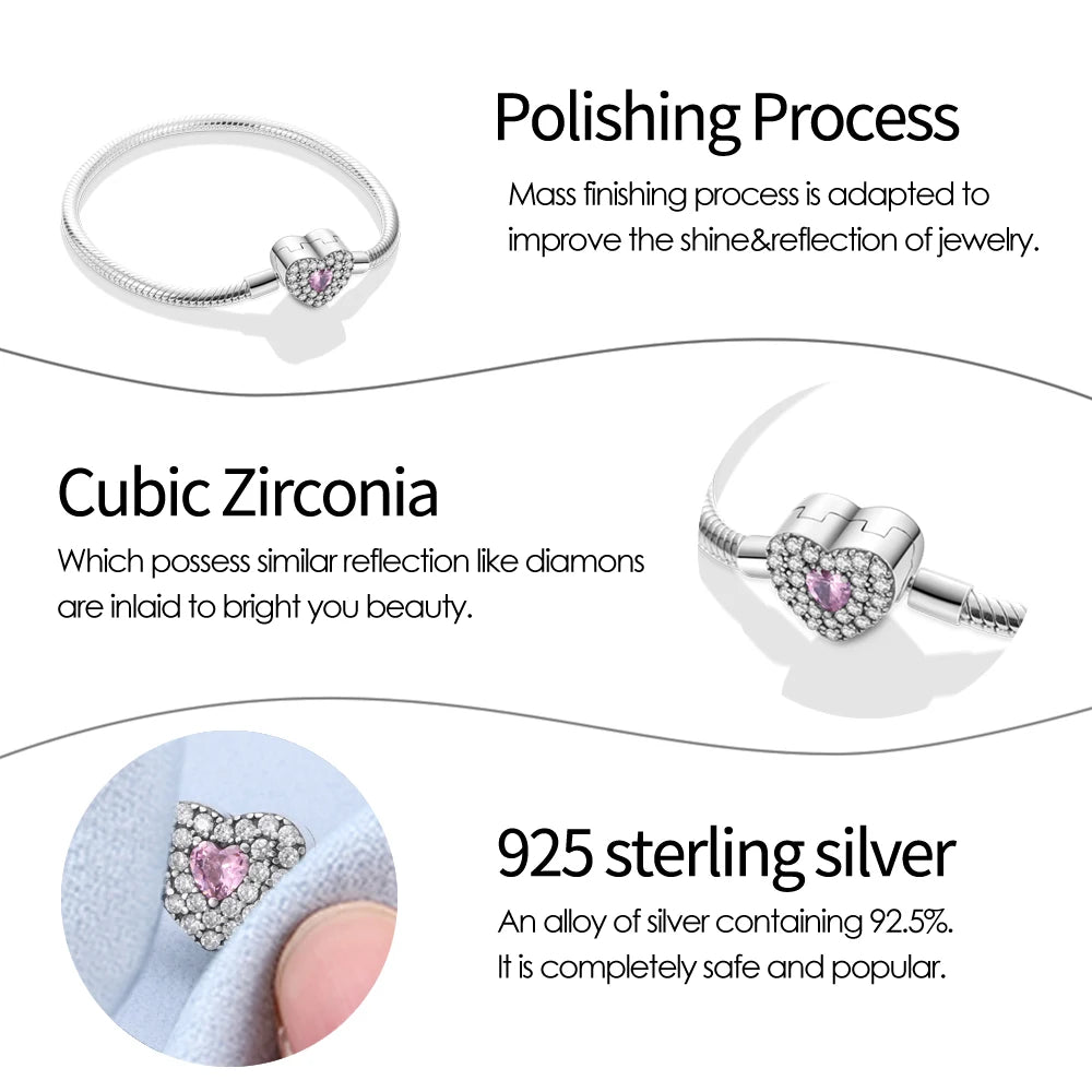 Pulsera de moda S925 de plata chapada con corazón de melocotón de amor brillante con circonitas para mujer, abalorios de bricolaje, cuentas finas, joyería de cumpleaños, bricolaje