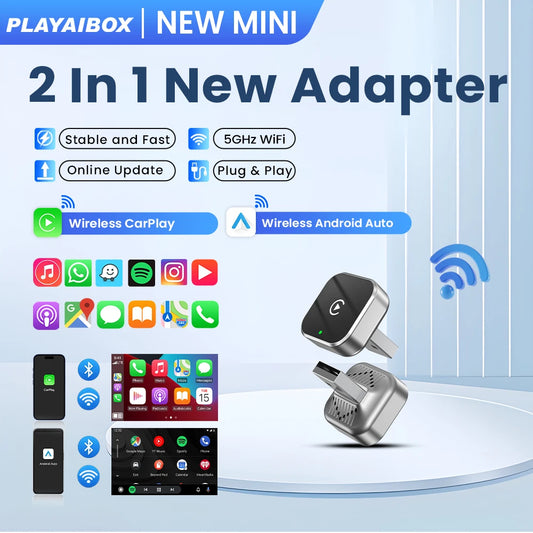 PLAYAIBOX 2-in-1 Wireless CarPlay Android Auto Supermini Box Adapter Plug And Play Bluetooth WiFi Dongle Fast Connection