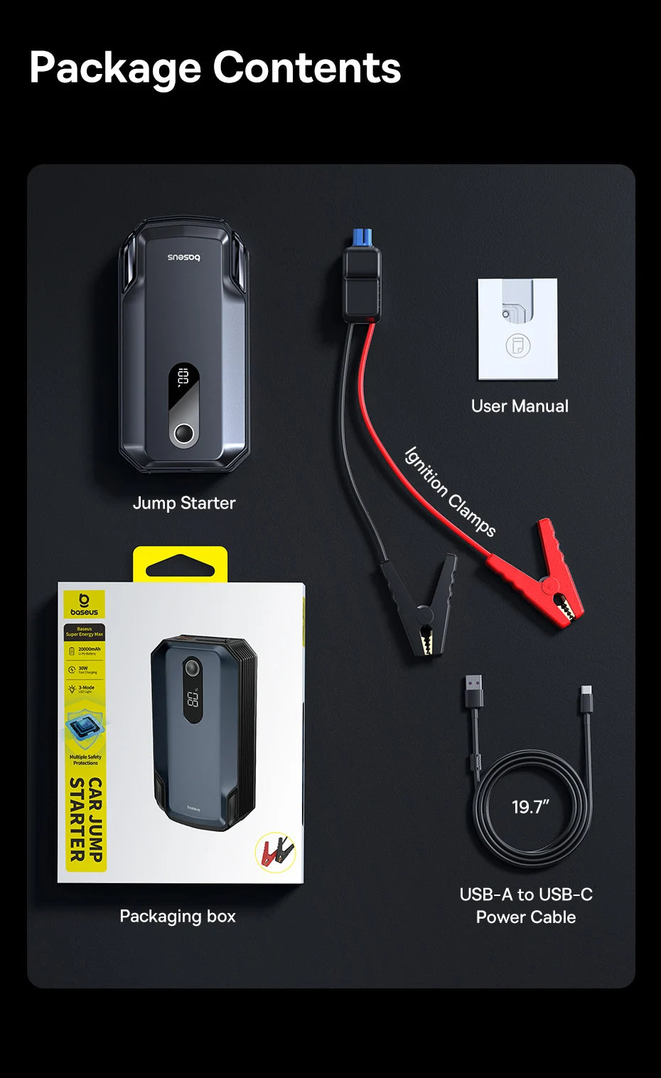 Baseus 20000mAh démarreur de saut de voiture batterie externe 2000A 20000mAh chargeur de batterie de voiture Auto Booster d'urgence dispositif de démarrage démarrage de saut