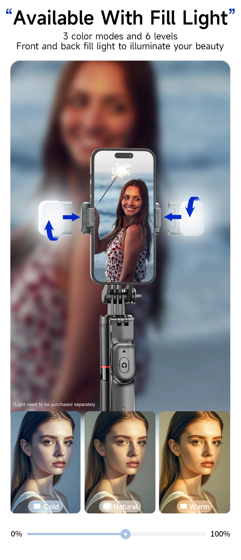 Trépied perche à selfie avec lumière de remplissage — 1708mm, télécommande Bluetooth, rotation 360°, interface 1/4