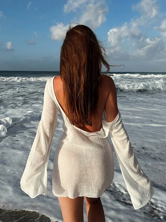 Robe de plage en tricot transparent pour femmes, dos nu, manches cloche, couleur unie, coverups de bain, élégante, col rond, mini, été, 2025, K98