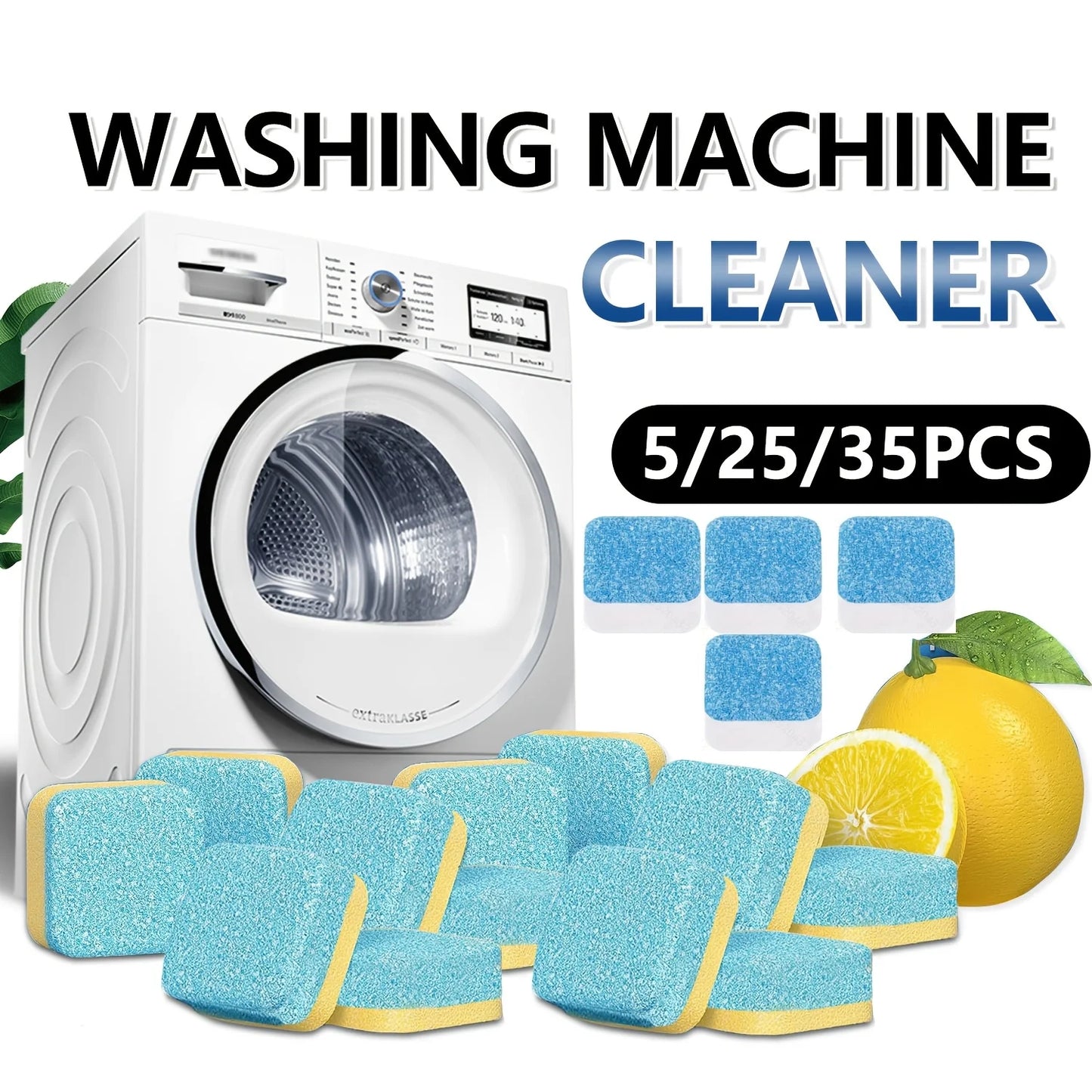 Washing Machine Cleaner Tablets 5/25/35 Units, Lemon Scent, Deep Cleaning, Dirt Remover, Drum & Tub Cleaner for Clean Washing Machines