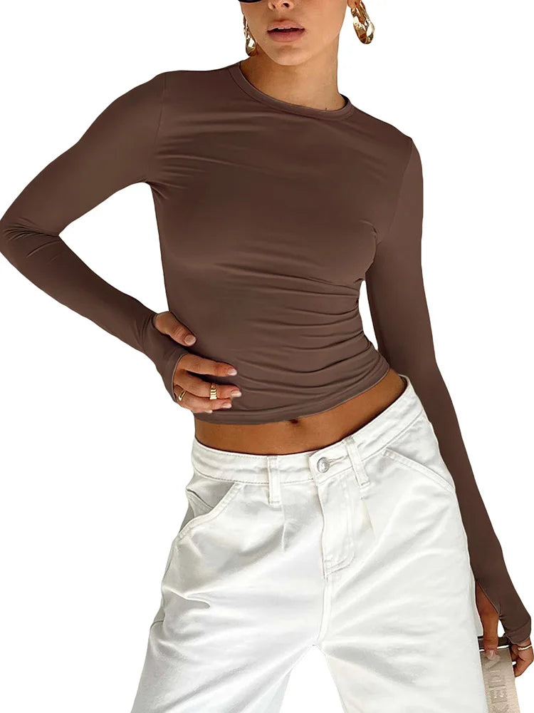 Haut Court Femme Manches Longues Trous Pouces — Streetwear Coupe Ajustée