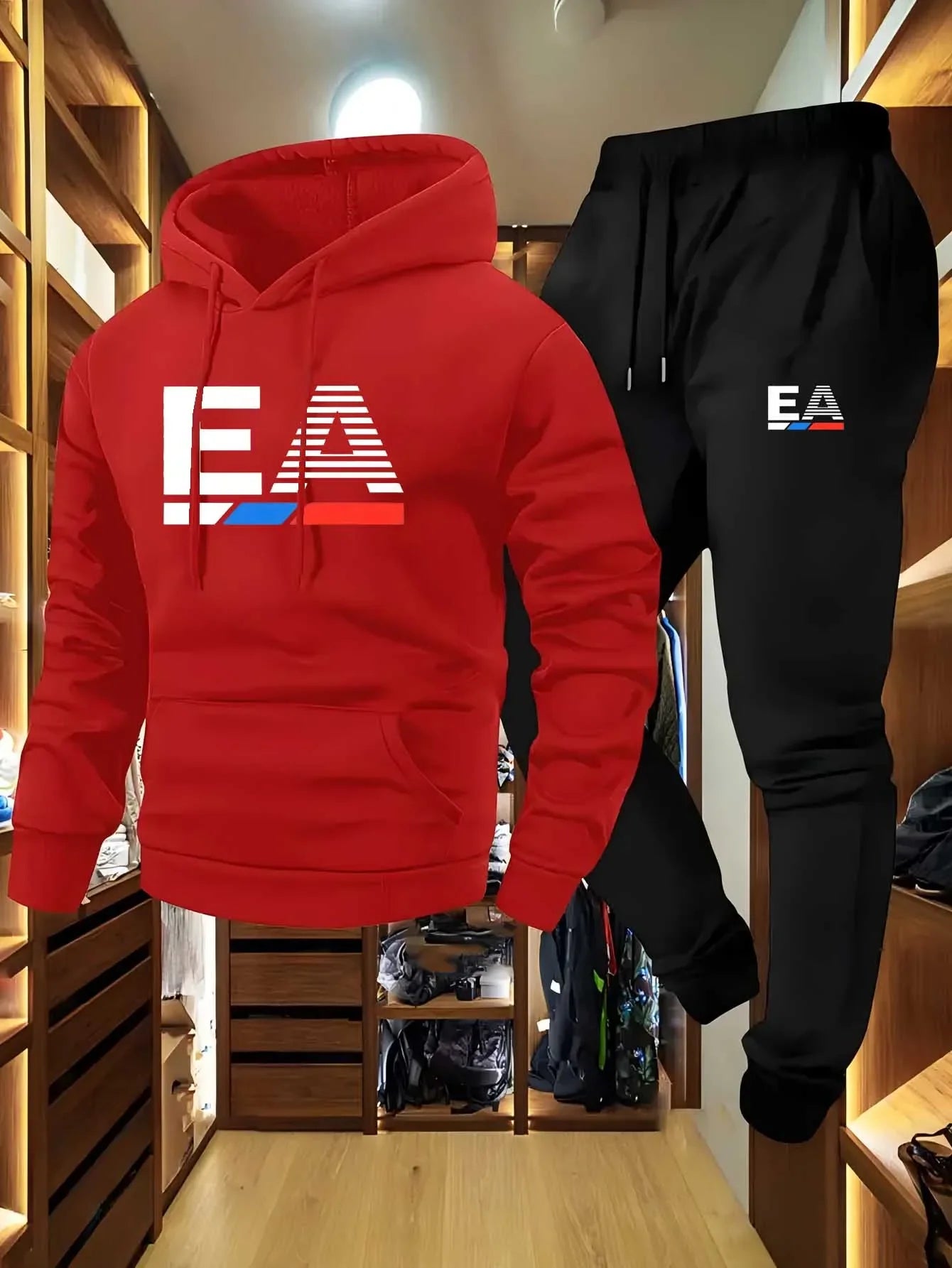 Men's two-piece sports outfit, hoodie and pants, gray black logo, regular non-stretch fit with pockets