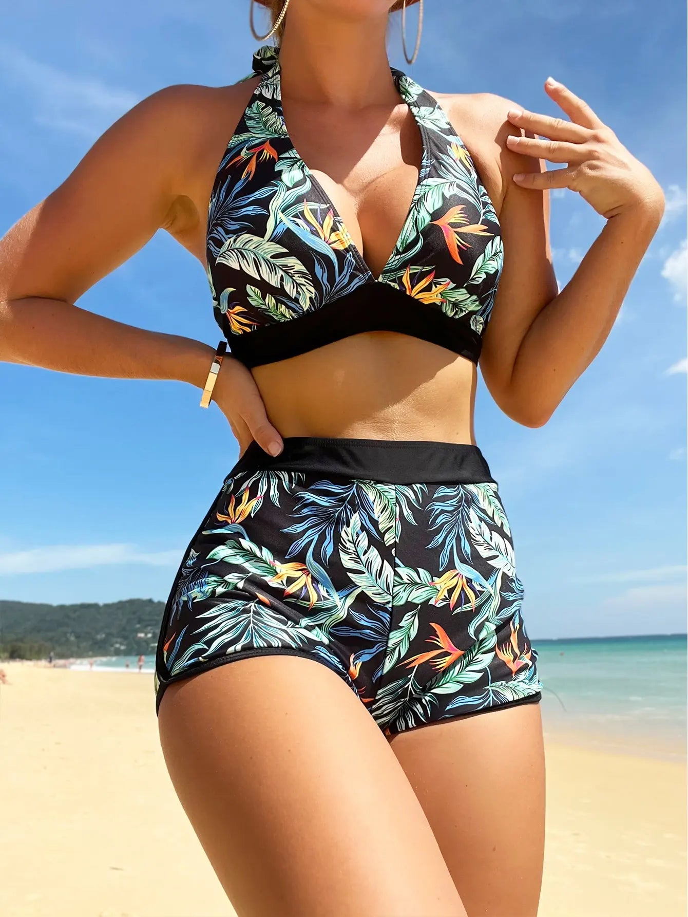 Ensemble de bikini halter 2026, maillot de bain court pour femme, maillot de bain taille haute imprimé, tenue de plage