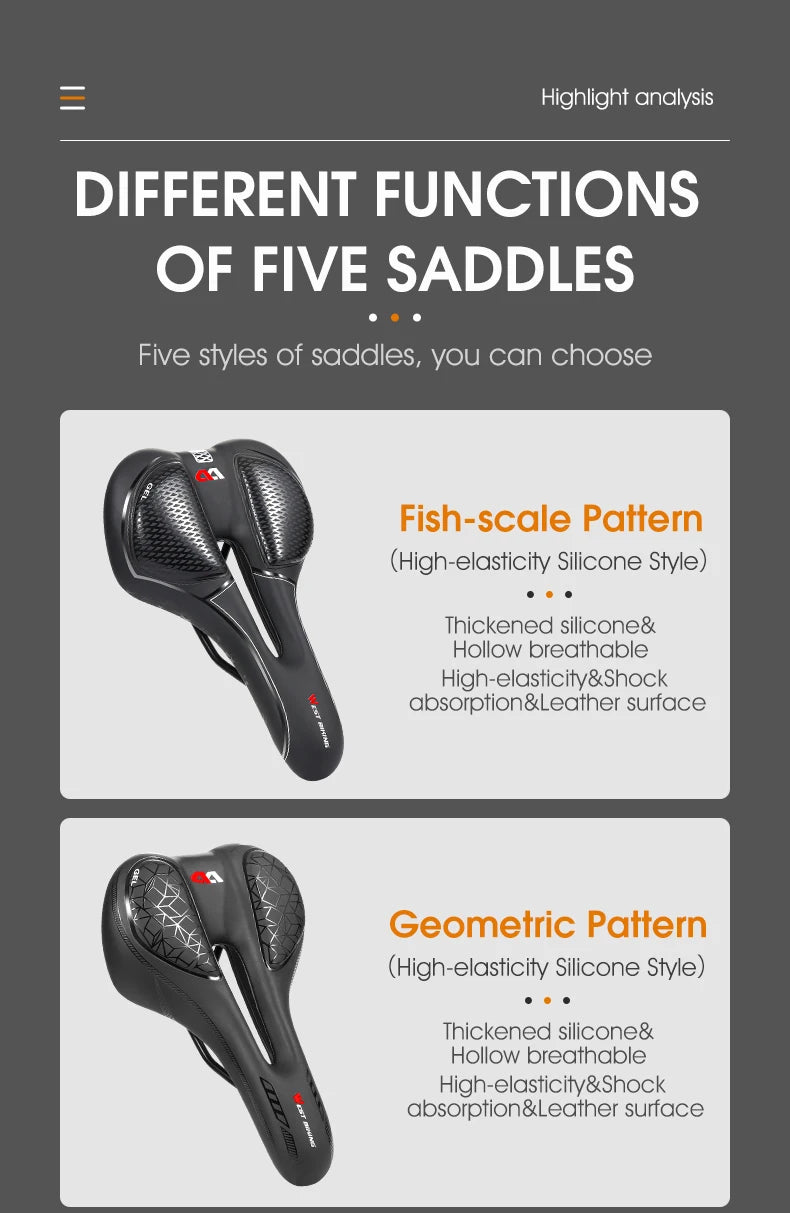Selle vélo route et VTT en PU — respirante, souple, coussin ergonomique, course