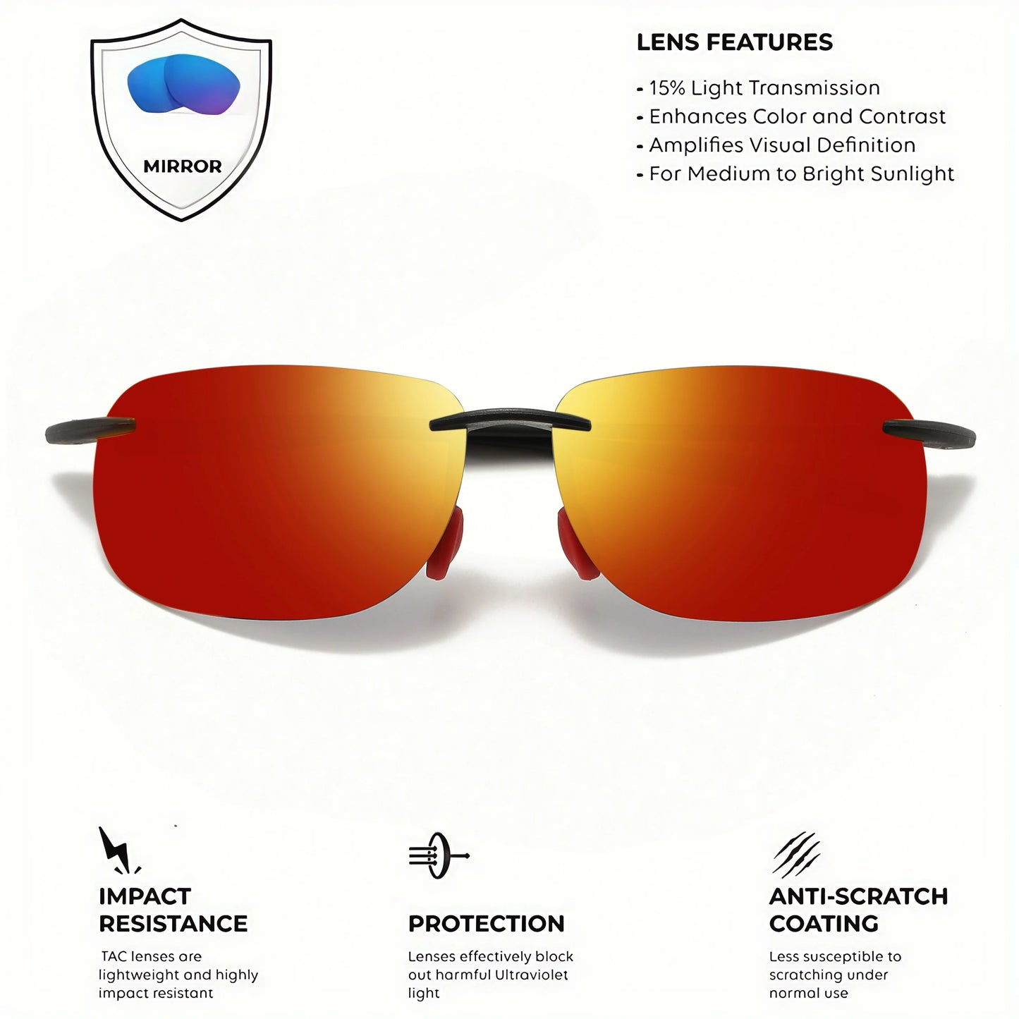 Lunettes de soleil polarisées sans cadre TR90 ultra légères 11 g – Coupe flexible et confortable, forme carrée pour la conduite, la pêche et l'extérieur