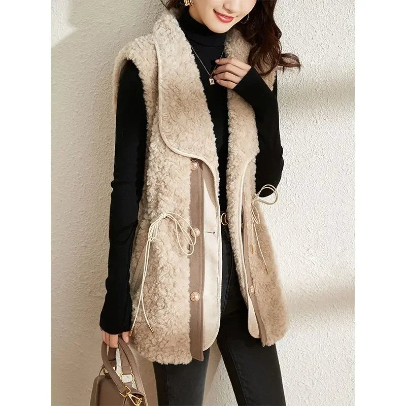 Chalecos de piel de cordero para mujer, Wstring de proximidad, chalecos elegantes de otoño para mujer, nueva colección