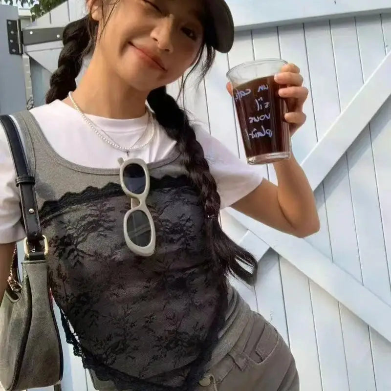 Minifalda de encaje triangular para mujer, media falda apilada estilo coreano, delantal pequeño, cortina de cadera, gasa suave, de moda