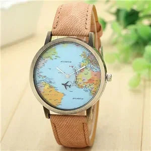 2022 World Fashion World Map Plane Denim Fabric Band Casual Men Women Quartz Watch Gift Clocks Relógio