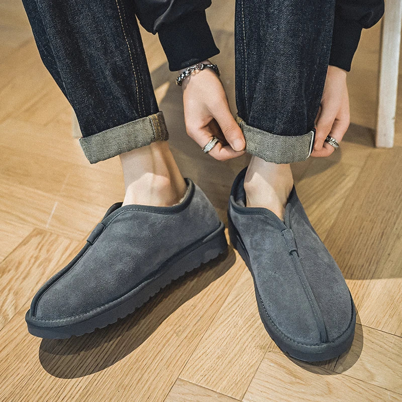 Zapatillas de piel cálidas sin cordones para hombre, botas de nieve impermeables, botas de lavado, zapatos de invierno