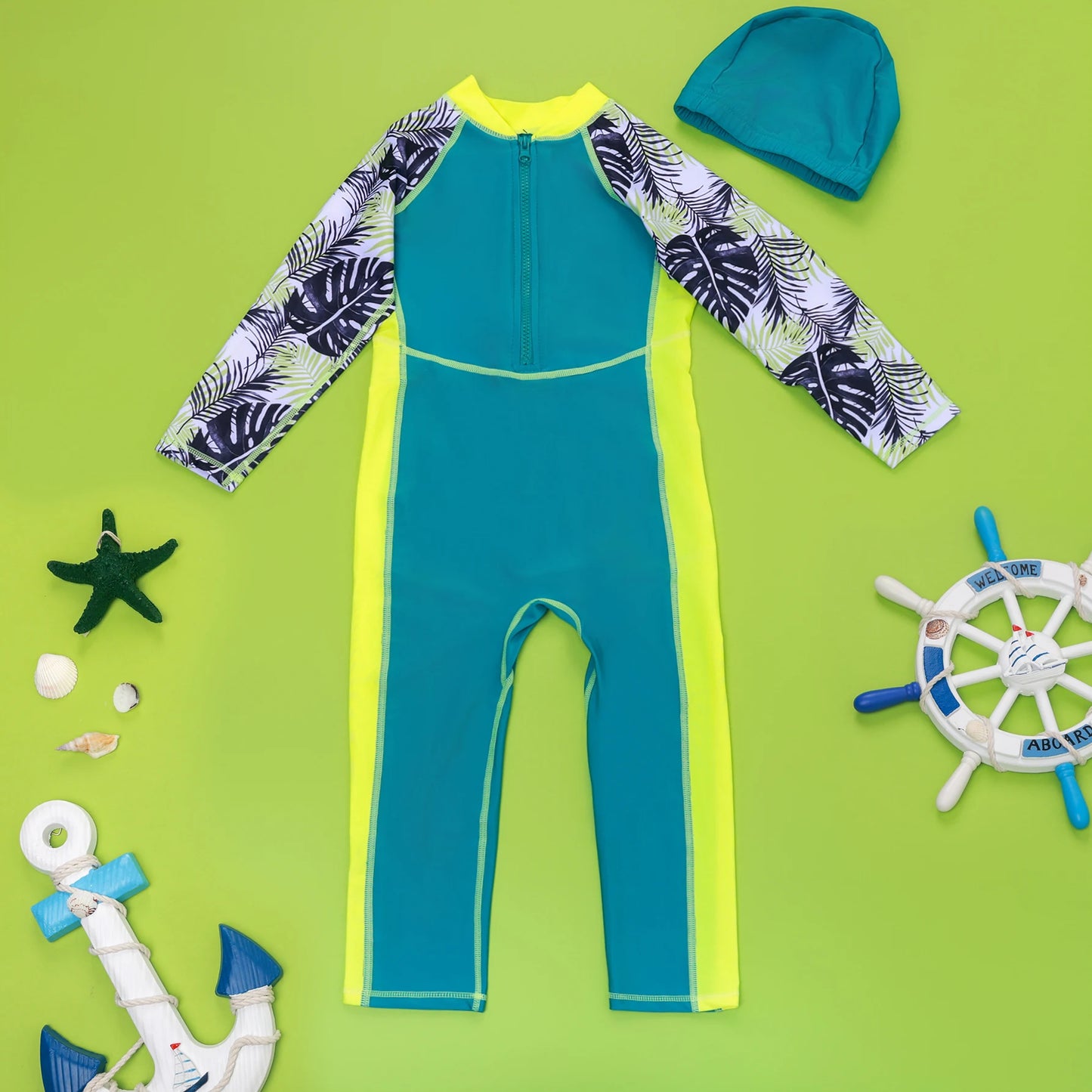 Maillots de bain une pièce pour enfants, maillot de bain pour garçons, manches longues, Protection solaire (y compris les bonnets de bain)
