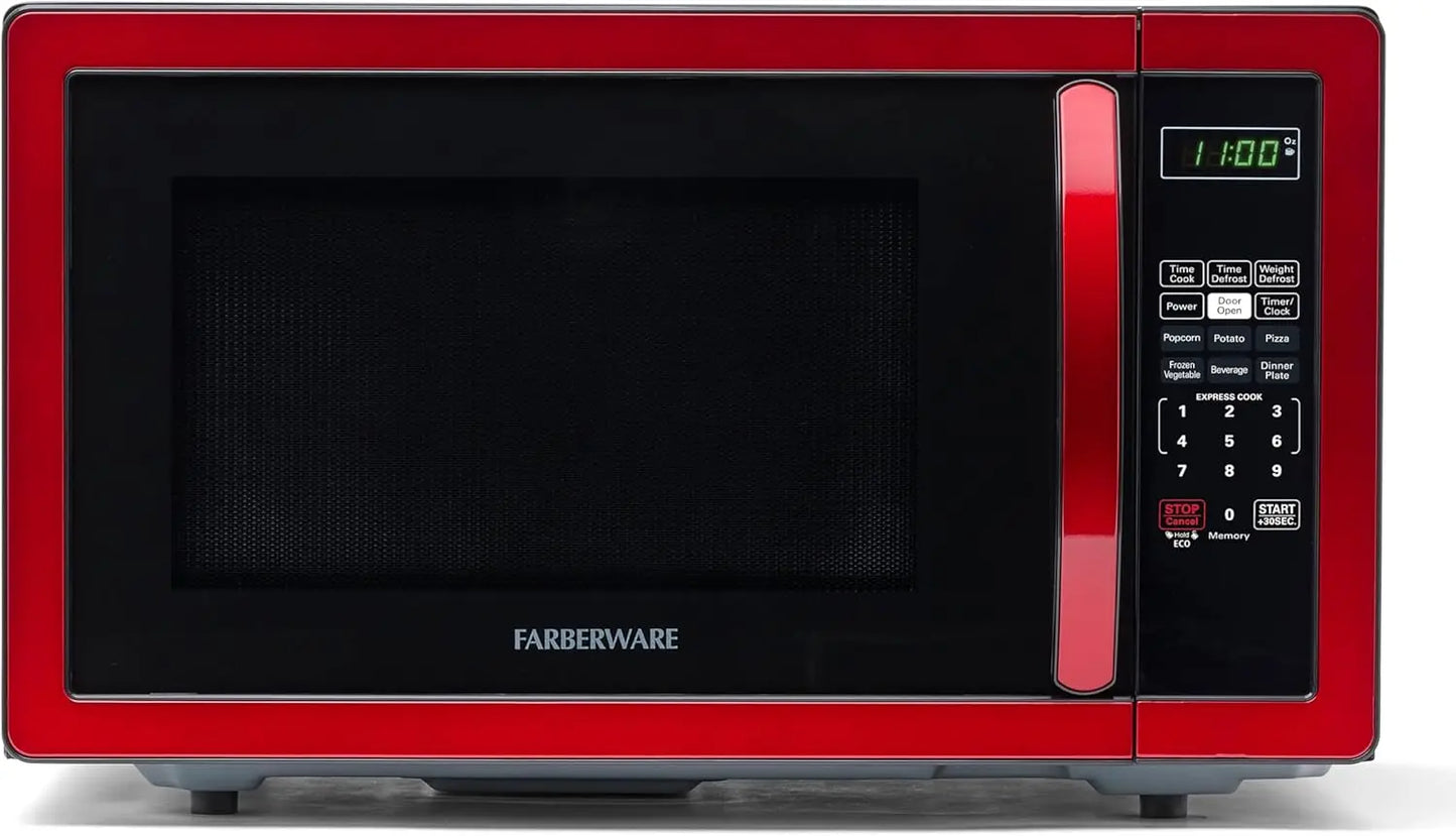 Microondas de encimera de 1,1 pies cúbicos, 1000 W, cocción automática, descongelación, fácil limpieza, seguro para niños, rojo metálico