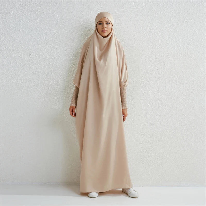 Abaya musulman à capuche manches smockées une pièce Robe de prière femmes Jilbab vêtements islamiques dubaï saoudien Robe noire modestie turque
