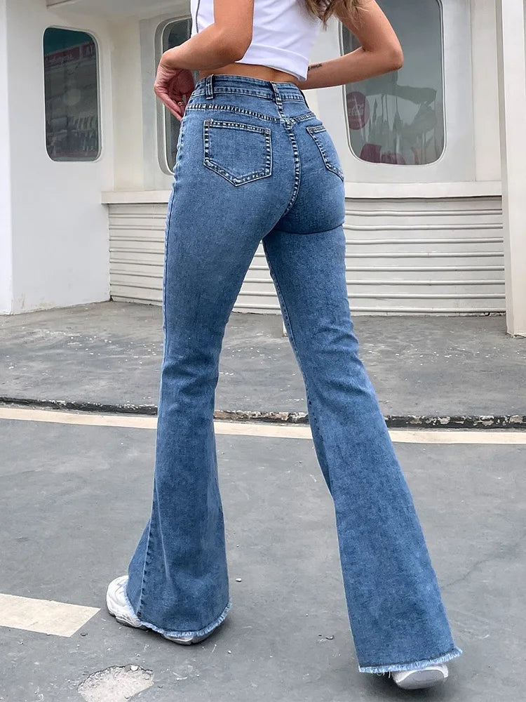 Benuynffy-Jeans acampanados con bajo sin rematar para mujer, pantalón de mezclilla, cintura alta, longitud completa, vaqueros ajustados, bragueta con botones, moda de otoño
