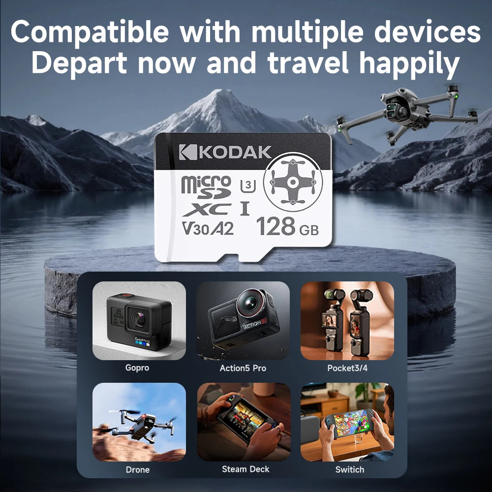 Tarjeta Micro SD Kodak A2 compatible con dron DJI de hasta 200 MB/s tarjeta de memoria para Mini 4K/Mini 3/Neo/Mavic 4/Avata 2/Flip/Air 3/X5