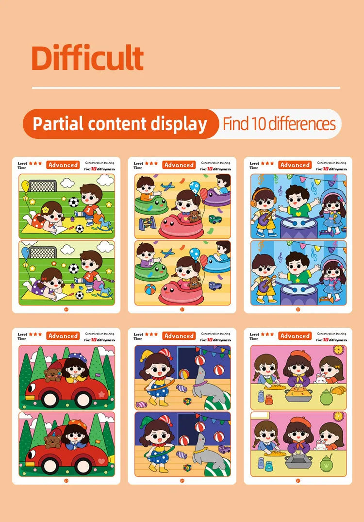 Juego de cartas educativo y reutilizable de dibujos animados para niños Encuentra las diferencias Encuentra niveles de dificultad para entrenar la atención y la concentración