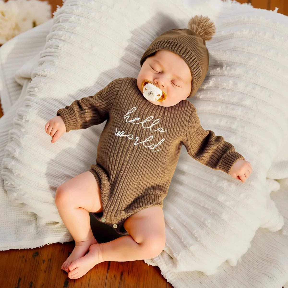 Hello World – pelele de punto para recién nacidos con gorro de pompones a juego, suéter para bebés niños y niñas, conjuntos para sesión de fotos, HD