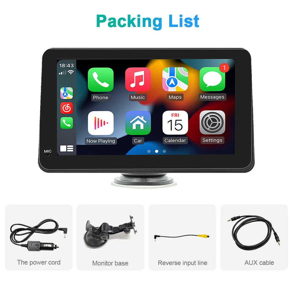 Pantalla táctil portátil de 7 pulgadas IPS CarPlay Android Auto, radio para coche, reproductor de video multimedia, navegación GPS, WiFi, cámara de marcha atrás