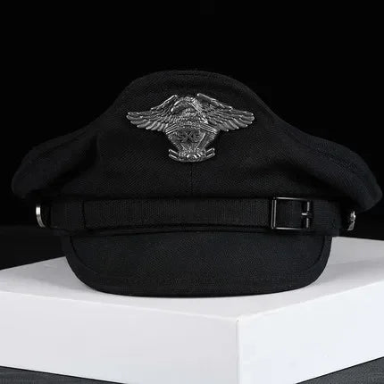 Retro Sailor Cap with Navy Visor for Men and Women, Canvas Spring Military Hat, Gray Eagle Belt, Locomotive Cap, 2024