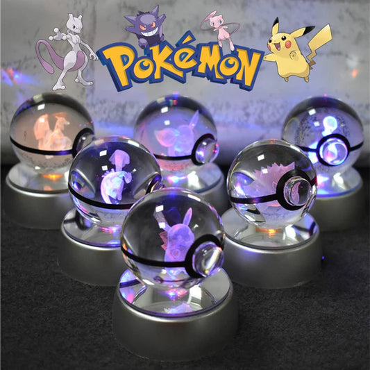 Pokemon boule de cristal 3D Pikachu Gengar Mewtwo veilleuse lampe Pokeball 3D verre Pokemon boule de cristal Statue enfants cadeau d'anniversaire