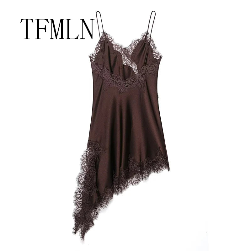 Vestido de encaje sexy para mujer, irregular, cuello en V, dobladillo de tirantes, vestidos largos, nueva moda 2025, vestidos de fiesta