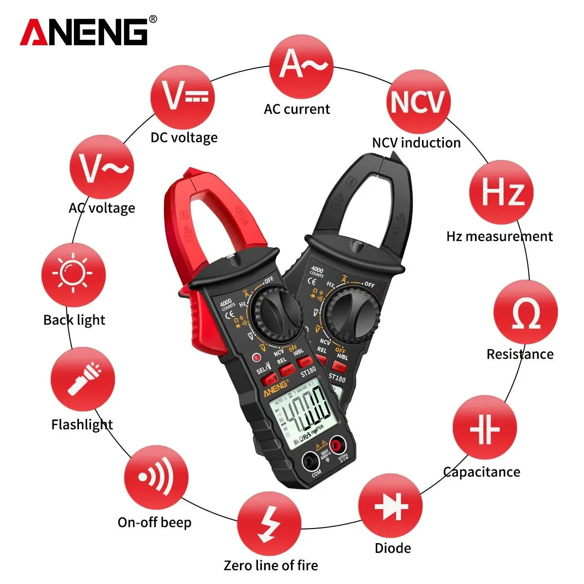 Pince ampéremétrique numérique AC — 4000 points, multimètre, tension, Hz, capacité, NCV, outil auto