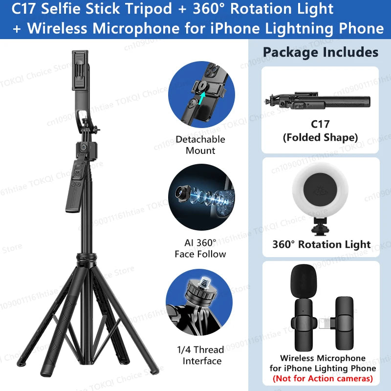 TOKQI C17 – Trépied selfie 360° avec suivi IA automatique, télécommande et lumière de remplissage