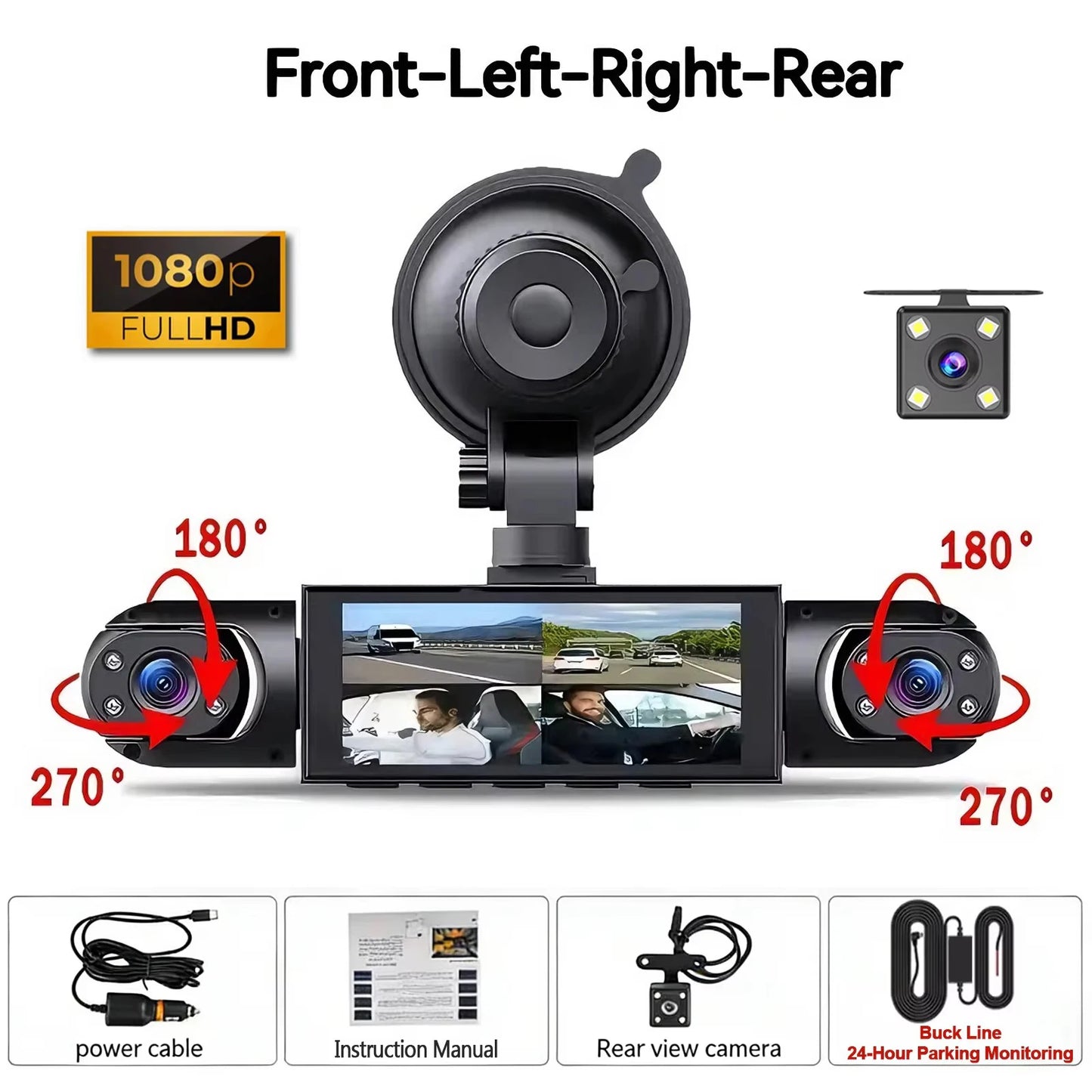 Dash Cam Vehicle DVR 4-Camera Video Recorder for Cars Black Box Front Rear Internal Night Vision Loop Recording 360 Car Dashcam