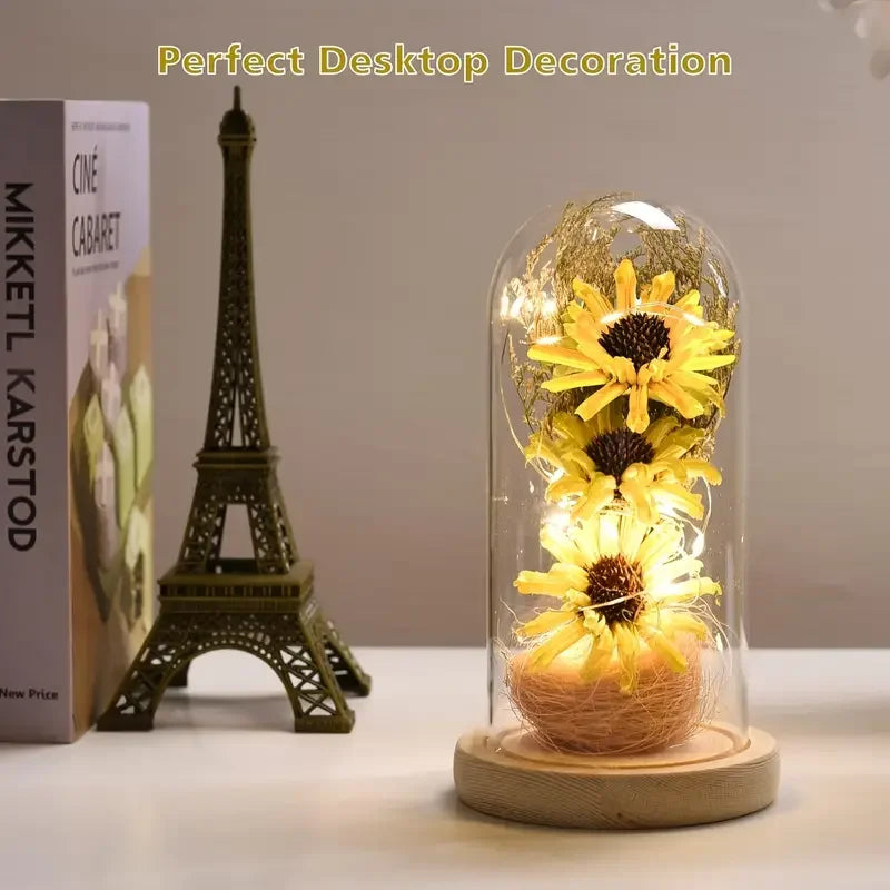 Girasoles artificiales de cristal bretón con tira de LED para mujeres, regalos de girasol, decoración de girasol, Día de la Madre, Fiesta de León