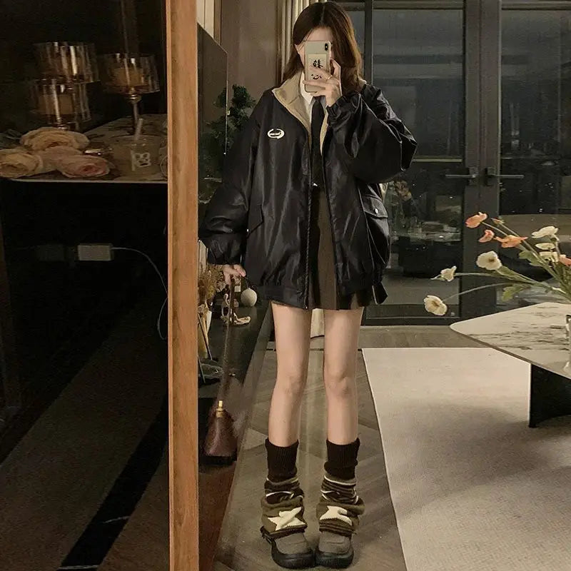 Maillard mode veste en cuir PU avec manteau en laine d'agneau des deux côtés femme Y2K hiver nouvelle Locomotive en velours veste rembourrée en coton