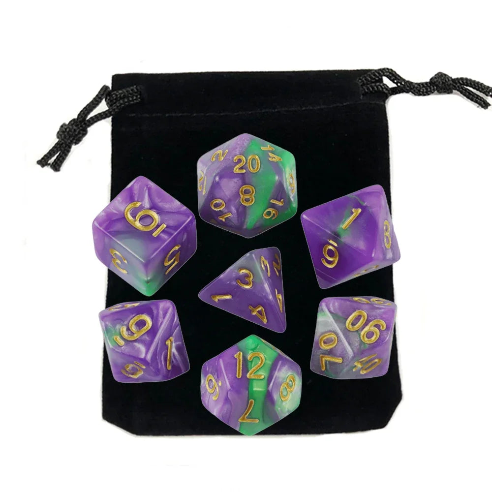Dados poliédricos con bolsa, juego de mesa, desayunos, DnD, d4,d6,d8,d10,d %,d12,d20, 7 piezas