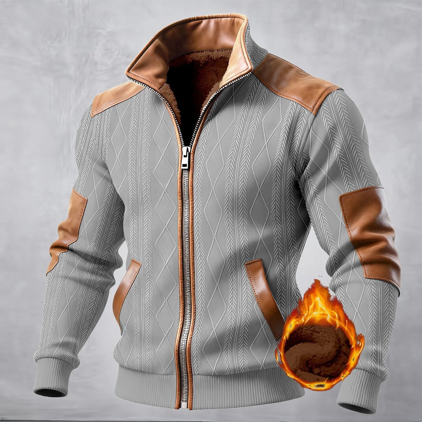 Chaqueta casual para hombre, textura texturizada, patchwork jacquard, moda, cuello alto, cálida y cómoda, invierno
