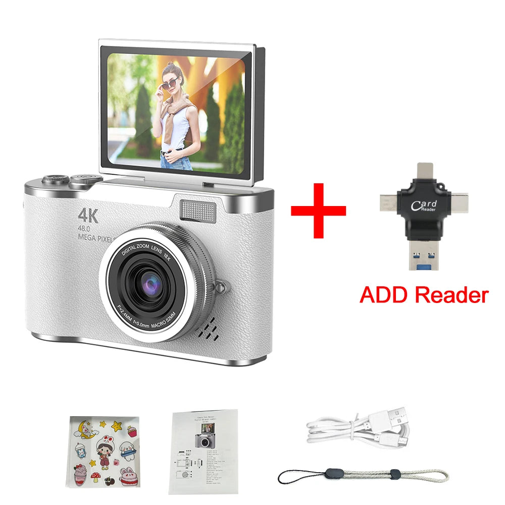 Appareil photo numérique 4K CCD — 8x zoom, 48MP, compact, 180° écran rabattable, selfie, étudiant