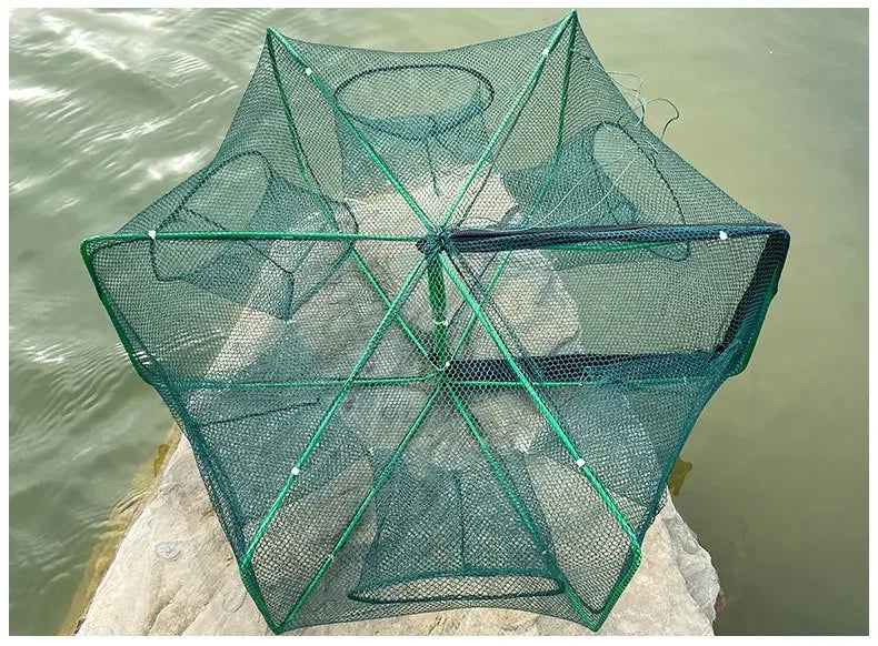 Red de pesca de malla plegada hexagonal octogonal, 8 agujeros, redes de pesca de mano, redes de lanzado, cangrejos de río, camarones, trampa para depósito, jaula, herramienta de malla