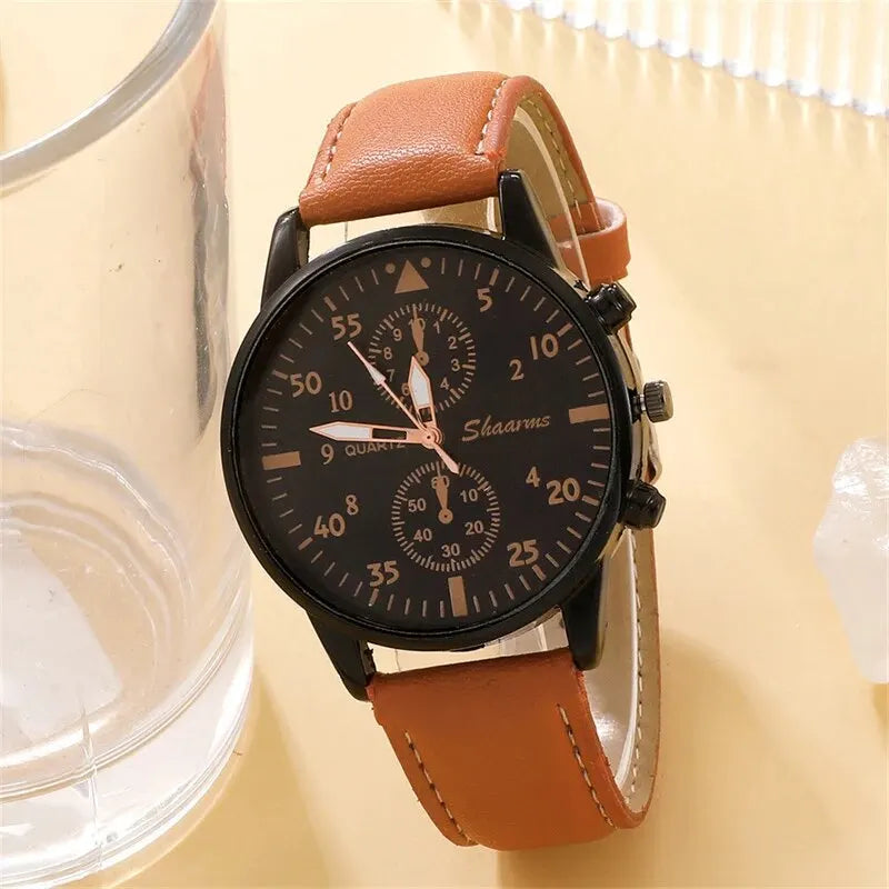 Nuevo conjunto de reloj de pulsera de lujo para hombre, moda de negocios, relojes de cuarzo de cuero marrón para hombre, regalo Relogio Masculino
