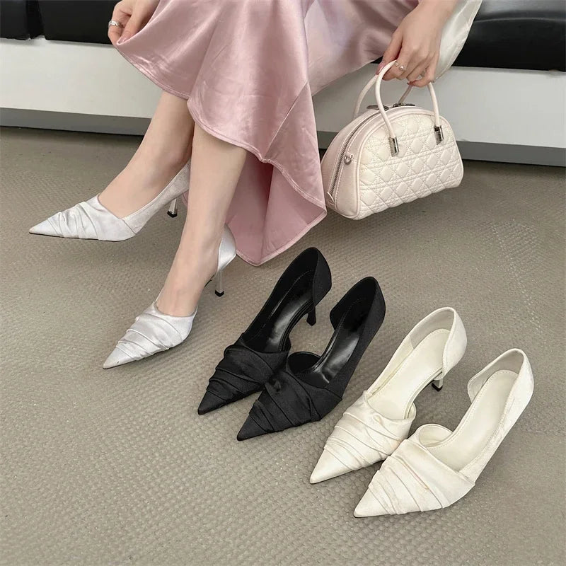 Aneikeh Elegant Pleated Satin Women's Slippers Pumps Fashion Pointed Toe Thin High Heels Mules Dance Banquet Shoes Chaussure Femme