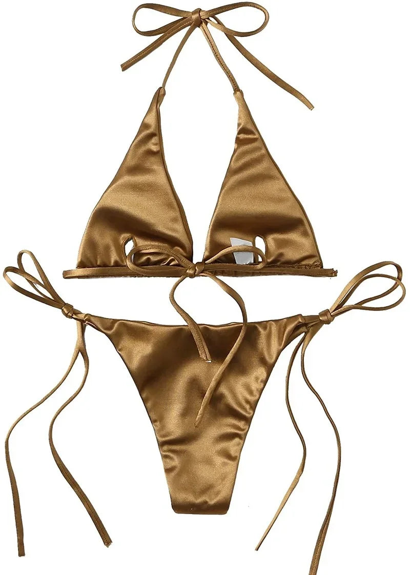 Licou brésilien métallique Satin Bikini femmes maillots de bain femme maillot de bain deux pièces Bikini ensemble coupe haute maillot de bain maillots de bain