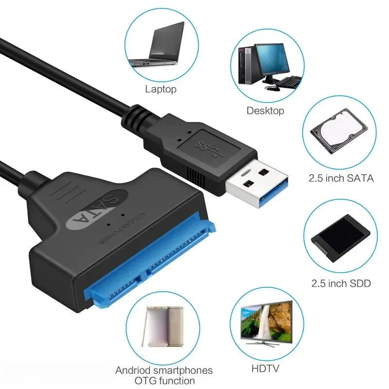 Câble SATA vers USB 3.0/2.0 jusqu'à 6 Gbps pour disque dur SSD externe 2.5 pouces, adaptateur SATA 3 22 broches, cordon USB 3.0 vers Sata III