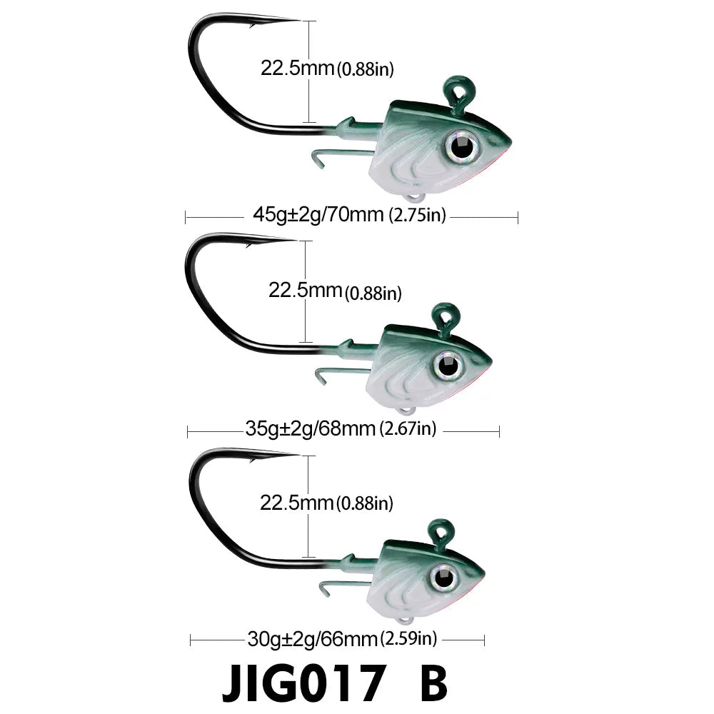 Hameçon de pêche au bar 30g 35g 45g, crochet de gabarit pour ver souple, matériel de pêche en mer, leurre en forme de tête de poisson, appât pour brochet