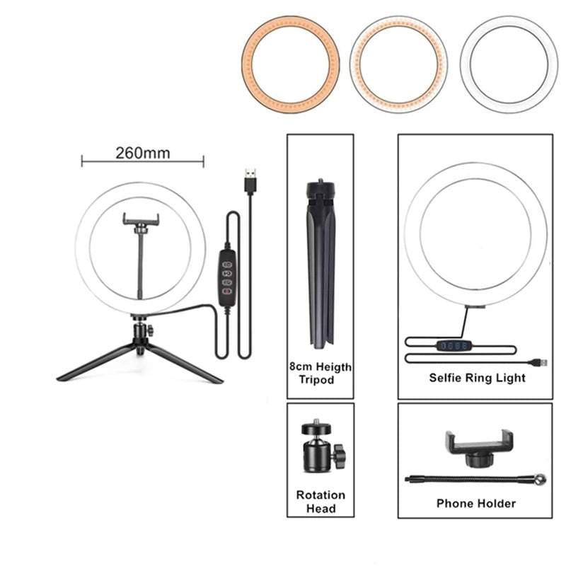 Anneau Lumineux LED Selfie 26cm 120 Perles avec Trépied — Kit Éclairage USB Vidéo
