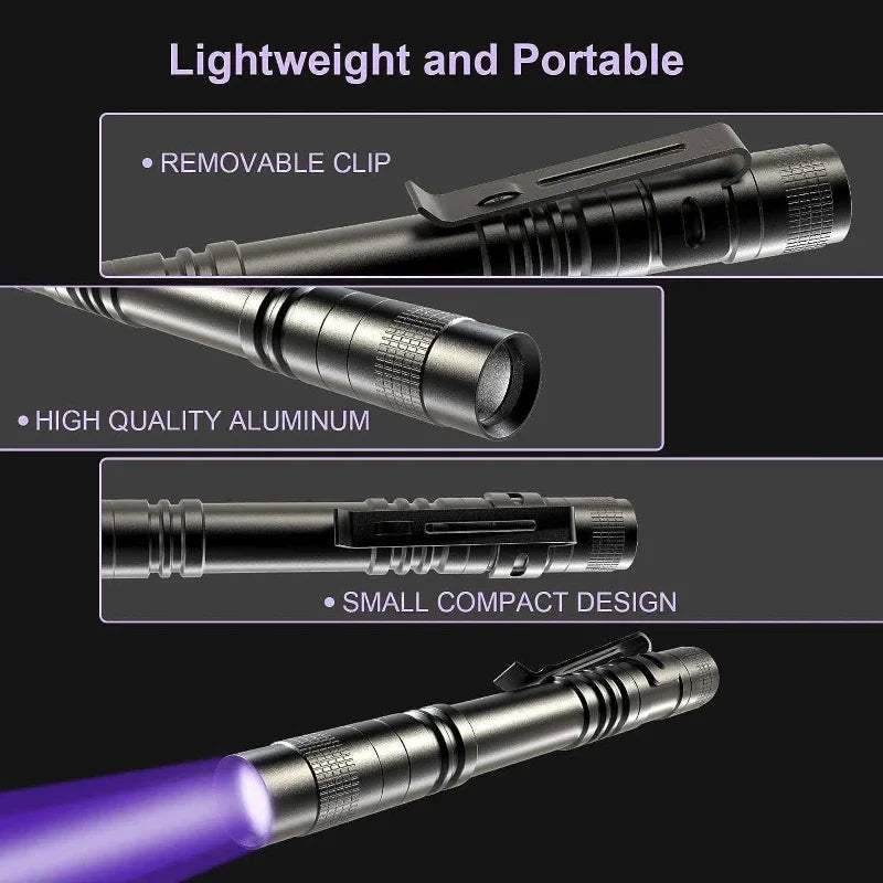 Lampe de poche UV 395nm, torche ultraviolette avec pince à stylo, piles AAA portables utilisées, lumière violette, détecteur d'urine animale et de Scorpion, lampe UV