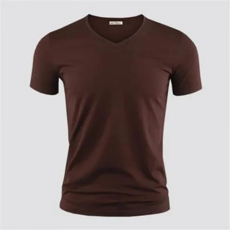 2026 hommes T-Shirt couleur Pure col en V à manches courtes hauts T-Shirts hommes T-Shirt collants noirs homme T-Shirts Fitness pour vêtements masculins