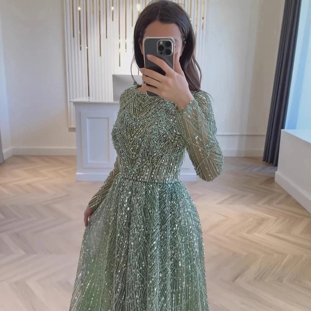 Mina Custom Beads Robes de soirée luxueuses pour femmes pour occasions formelles Paillettes. Robe de soirée de luxe à manches longues et col rond